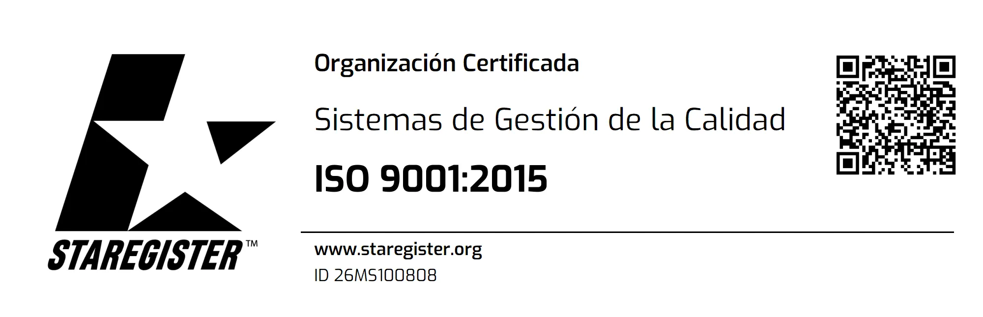 Organización certificada ISO 9001:2015 — Sistemas de Gestión de la Calidad, por STAREGISTER